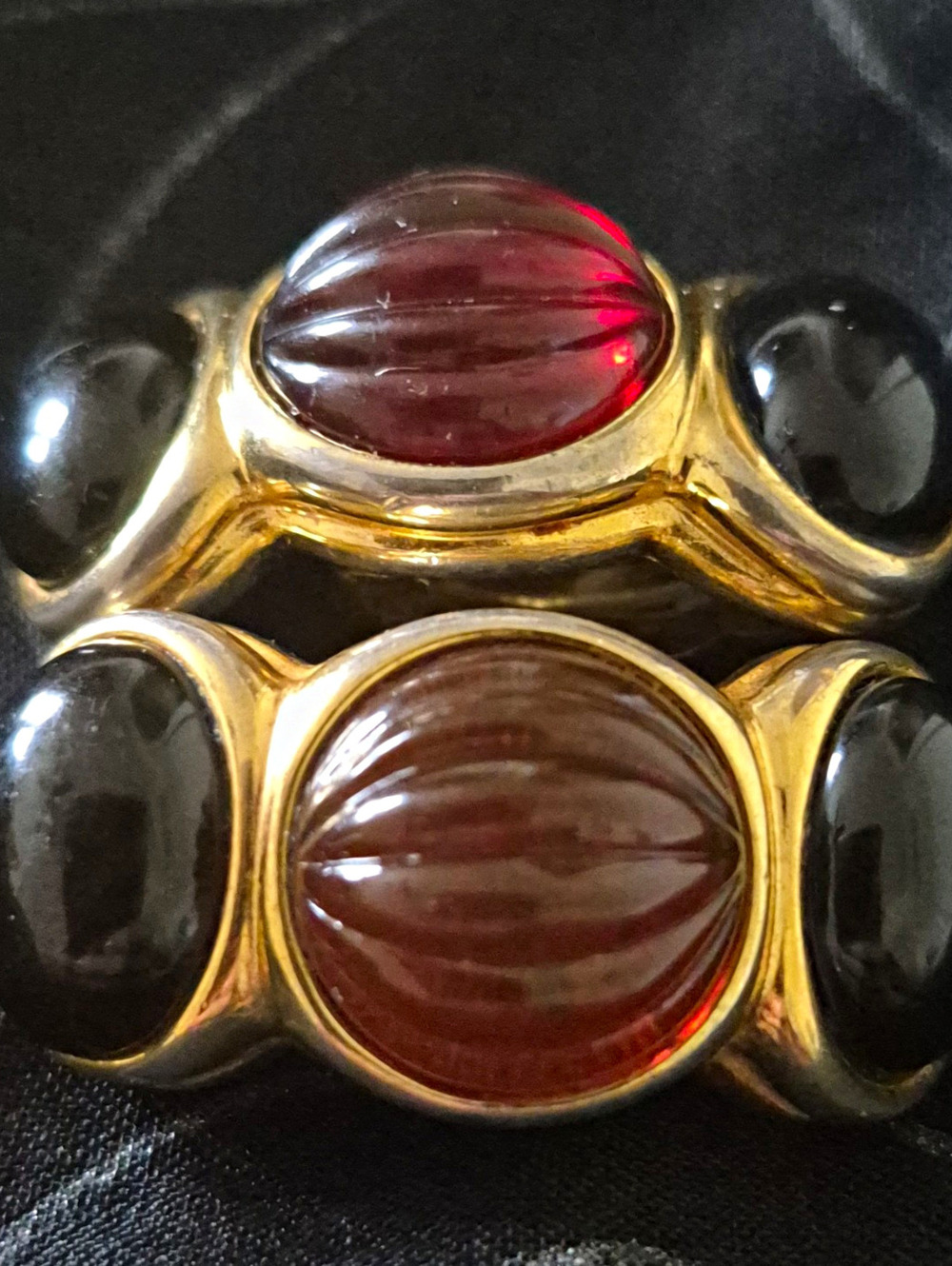 Vintage Joan Rivers Classics Faux Amber & Onyx Cabochon Clip-On Earrings